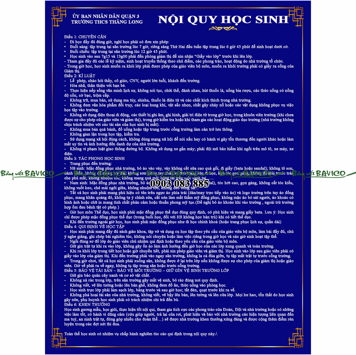 Bảng nội quy học sinh viền khung nhôm đẹp nhất